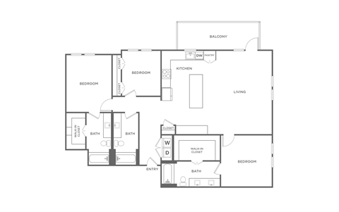 A floor plan of a house with a balcony, living room, two bedrooms, a bathroom, a kitchen, and a study.